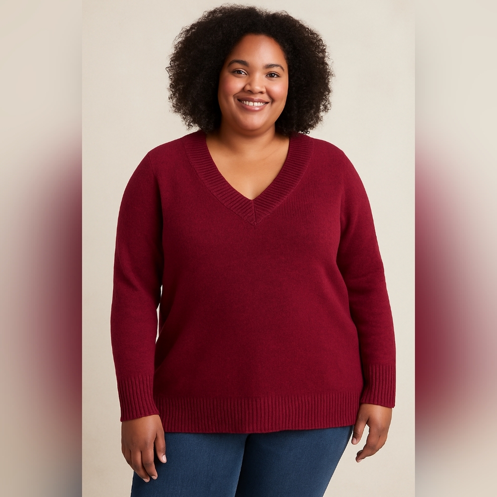 K) Fashion Bug Deep Red V-Neck Knit Sweater – Size 2X